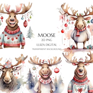 Weihnachten Elch Clipart Bundle, Elch im Pullover PNG, Waldtiere Clipart, Weihnachtskartenelemente, digitaler Download, kommerzielle Nutzung