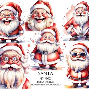Clipart di Babbo Natale divertente ad acquerello, PNG di Babbo Natale scontroso, Pacchetto di clipart natalizie, Sublimazione invernale, Creazione di biglietti di Natale, Uso commerciale