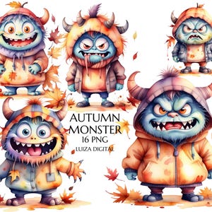 Clipart di mostri autunnali, 16 clipart di mostri di Halloween in formato PNG, clipart di mostri di compleanno, clipart fantasy, decorazioni per la cameretta dei bambini, uso commerciale, sublimazione
