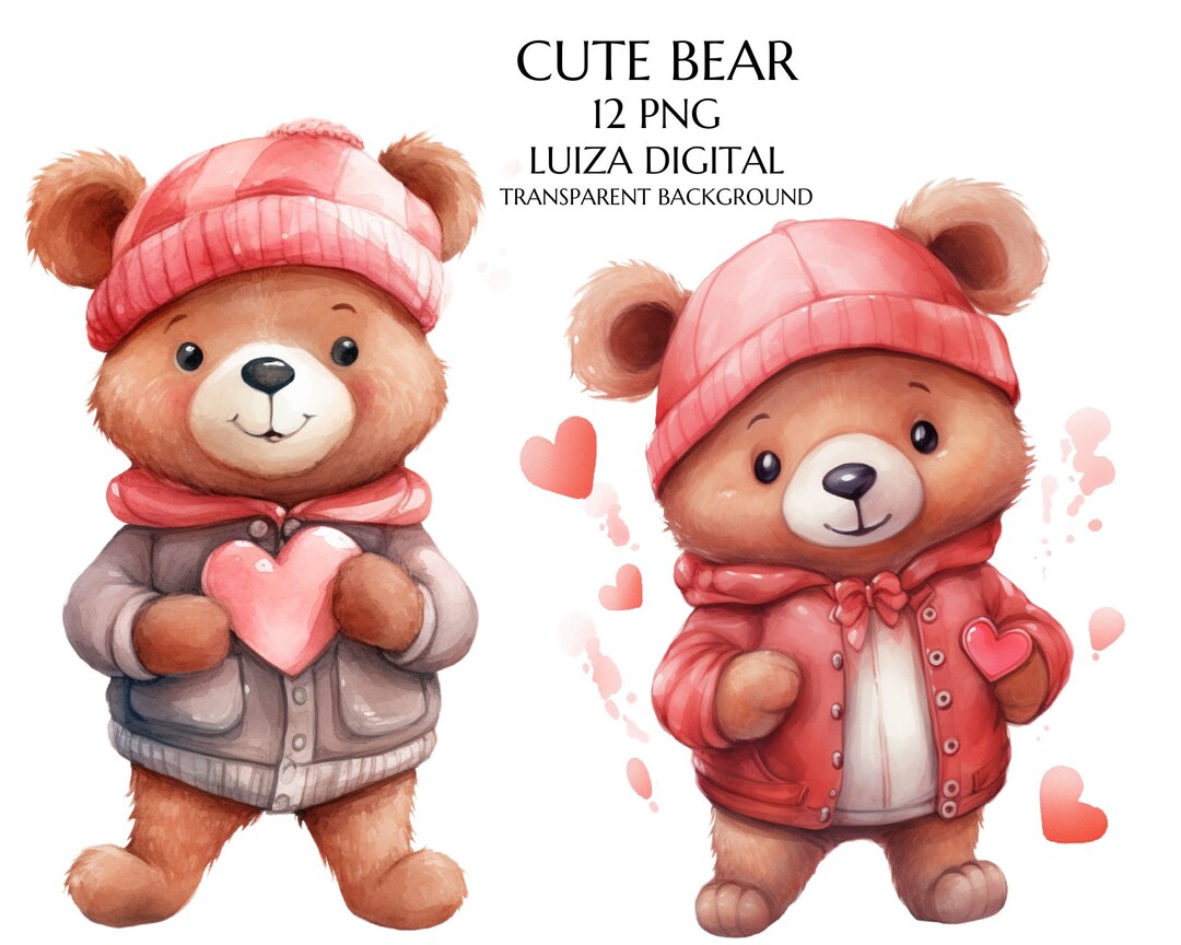 Watercolor Valentines Teddy Bear Clipart, 14 PNG Valentines Day Clipart ...