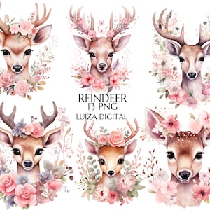 Aquarell Rosa Blumen Hirsch Clipart, Waldtiere Clipart, Aquarell Frühling Rentier Clipart, Baby-Dusche, Valentinstag Tier Clipart