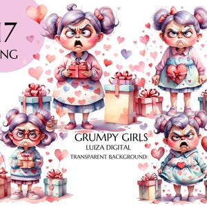 Mürrisches Mädchen Clipart, Valentinstag lustiges Mädchen, mürrische Frau Clipart, schrullig Mädchen Clipart, Geburtstagskarte machen, Sublimation, sofortiger Download