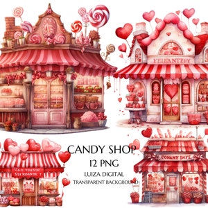 Słodkie Walentynki Clipart, Cukierkowy Dom Clipart, Akwarela Walentynki Słodki Dom Png, Romantyczny Dom Clipart, Pobieranie cyfrowe, Użytek komercyjny