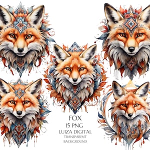 Aquarelle renard clipart, clipart animaux des bois, renard et fleurs des cliparts, clipart Tribal, téléchargement immédiat, scrapbooking, usage Commercial
