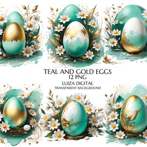 Clipart de huevo floral, Clipart de huevos de Pascua en acuarela, Huevo de Pascua 3D verde azulado y dorado PNG, Clipart de huevo de Pascua verde y dorado, Uso comercial
