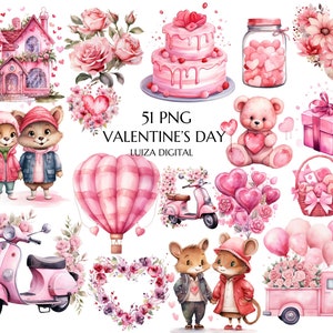 Sweet Valentine Clipart Bundle, Watercolor Valentines Day Clipart, Valentines PNG, Pink Roses Clipart, Blush Valentine, Love Day, Teddy Bear
