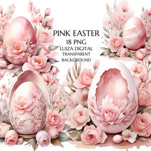 Paquete de imágenes prediseñadas de huevos de Pascua con flores de acuarela, imágenes prediseñadas de Pascua rosa, imágenes prediseñadas de primavera, álbumes de recortes, planificador digital, uso comercial, sublimación