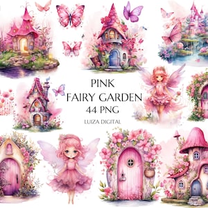 Clipart adorabile del giardino delle fate, clipart della casa delle fate ad acquerello, giardino magico delle fate, porta delle fate, farfalla fata rosa, clipart dei fiori rosa