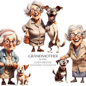 Oma clipart, grappige oude dame en hond clipart, gelukkige vrouw clipart, cartoon eigenzinnige oma clipart, huisdier illustraties, hond png, sublimatie