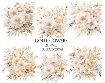 Gold Flowers PNG, Watercolor Floral Clipart Bouquets, Wedding Flowers Clipart Gold Floral Png, Commercial Use, Digital clipart, Planner