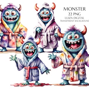 Clipart mostri felici, Clipart mostro in accappatoio, Clipart compleanno mostro, Clipart fantasy, PNG spa, uso commerciale, sublimazione