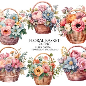 Aquarel bloemenmand clipart, boerderij bloemen, lente bloemenmand png, pastel bloemen paasmand clipart, commercieel gebruik