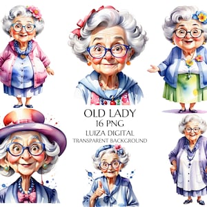 Clipart de anciana divertida en acuarela, abuela borracha divertida PNG, clipart de mujer feliz, abuela divertida de dibujos animados, abuela feliz PNG, revista basura