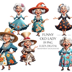 Imágenes prediseñadas de abuela, imágenes prediseñadas de anciana divertida en acuarela, imágenes prediseñadas de anciana elegante, imágenes prediseñadas de mujer caprichosa, descarga digital para uso comercial
