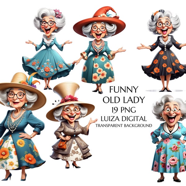 Watercolor Funny Old Lady Clipart, Funny Elegant Old Lady Png, Whimsical Happy Woman Clipart, Cartoon Funny Grandmother, Happy Granny PNG