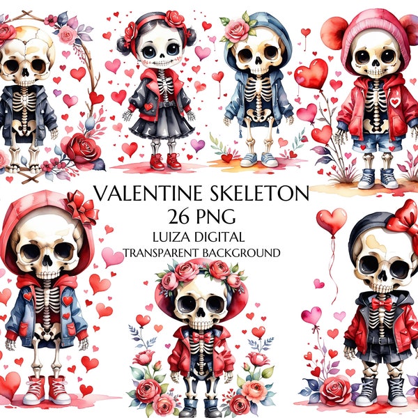 Valentine Skeleton Watercolor Clipart PNG Cute Spooky Valentine ClipArt, Gothic Valentine PNG, Floral Skeleton, Floral Halloween, Skull PNG