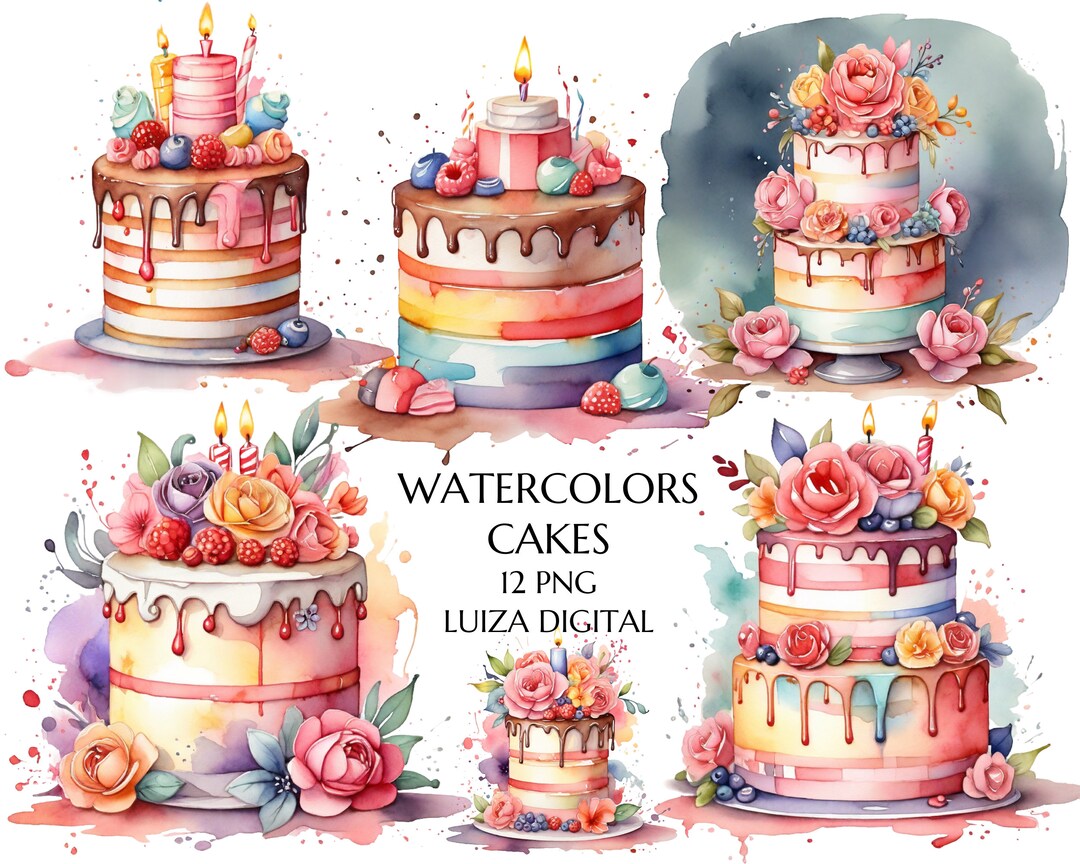 Watercolor Cake Clipart PNG, Watercolor Birthday Cake With Flowers PNG ...