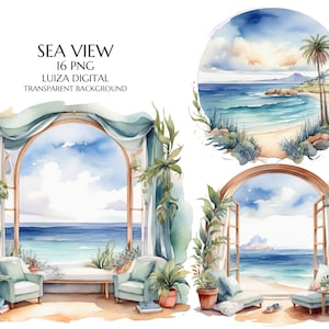 Sea View Illustration, watercolor view clipart, travel graphics, summer clipart, watercolor ocean, Tropical summer beach png, download