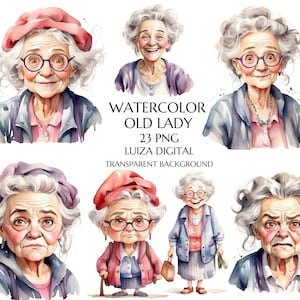 Clipart de anciana divertida en acuarela, abuela borracha divertida PNG, clipart de mujer feliz, abuela divertida de dibujos animados, abuela gruñona PNG, revista basura