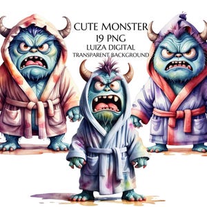 Clipart di mostri scontrosi, Clipart di mostri in accappatoio, Clipart di mostri di compleanno, Clipart fantasy, PNG spa, uso commerciale, download digitale