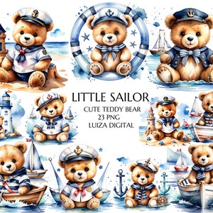Süße Sailor Teddybär Clipart, Nautische Kindergarten Clipart, Baby Teddybär, Strand Clipart, Ozean Clipart, Meer PNG, Leuchtturm, kommerzielle Nutzung