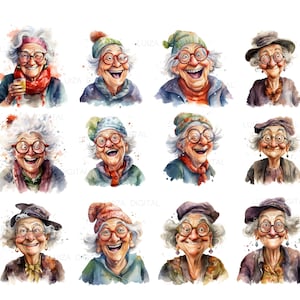 Watercolor Funny Old Lady Clipart, Funny Drunk Old Lady Png, Happy ...