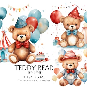 Ositos de peluche de acuarela con globo (Png), clipart de baby shower de niño, clipart de osito de peluche de carnaval, clipart de cumpleaños de niño, osito de peluche de circo