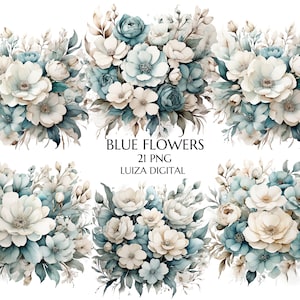 Teal Flowers PNG, Watercolor Floral Clipart Bouquets, Wedding Flowers Clipart, Floral Png, Rose Png Commercial Use, Digital clipart, Planner