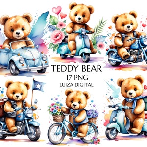 Watercolor Teddy Bear Clipart, Scooter teddy bear Clipart, Teddy Bear on Bicycle Clipart, Motorcycle Clipart, Baby Shower PNG,Commercial Use