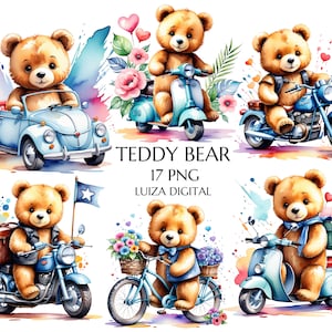 Aquarelle ours en peluche clipart, clipart scooter, ours en peluche sur vélo clipart, clipart moto, baby shower PNG, usage commercial