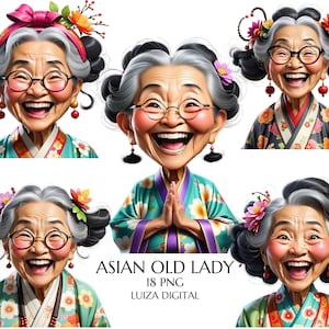 Aquarelle vieille dame asiatique Clipart, Png drôle de vieille dame, Clipart femme décalée, grand-mère drôle de dessin animé, clipart heureux grand-mère, numérique