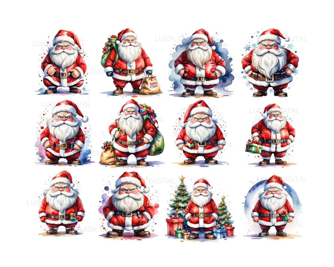 Watercolor Grumpy Santa Claus Clipart, Santa PNG, Watercolor Christmas ...