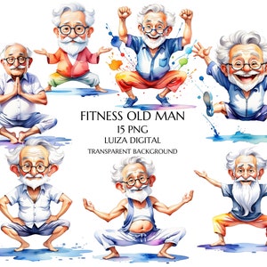 Clipart di nonno yoga, Clipart di vecchio yoga divertente ad acquerello, Clipart di nonno fitness divertente, Clipart di padre felice, Uso commerciale