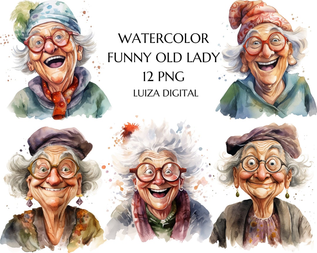 Watercolor Funny Old Lady Clipart, Funny Drunk Old Lady Png, Happy