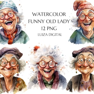 Oma clipart, aquarel grappige oude dame clipart, grappige dronken oude dame png, gelukkige vrouw clipart, vrolijke oma clipart, commercieel