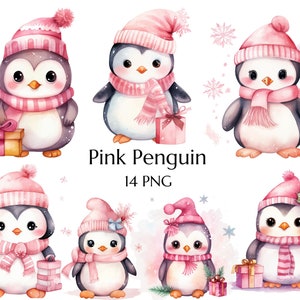 Clipart di pinguino natalizio rosa, Natale rosa ad acquerello, PNG di Natale, animali natalizi, pinguini ad acquerello, clipart invernale rosa