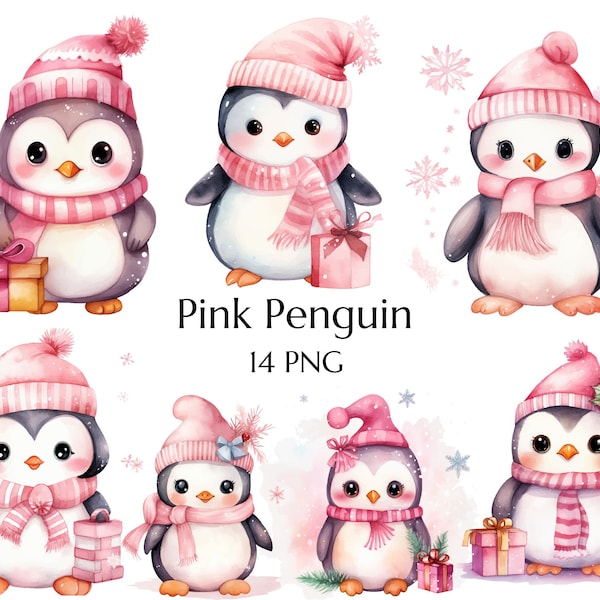 Pink Christmas Penguin Clipart, Pink Watercolor Christmas, Christmas PNG, Christmas Animals, Watercolor Penguins, Pink Winter Clipart