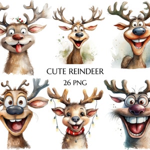 Clipart di renne divertenti, PNG di renne natalizie, renne stravaganti, clipart di renne natalizie, animali natalizi, download digitale commerciale