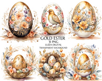 Gold Easter Egg Clipart, Rabbit Clipart, Gold Floral Easter Egg Clipart, Spring Clipart, Digital download, Paper craft, Junk Journals
