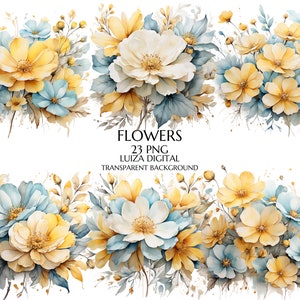 Blauwgroen en gele bloemen PNG, aquarel bloemen clipart boeketten, bruiloft bloemen clipart gouden bloemen png, commercieel gebruik, digitale clipart