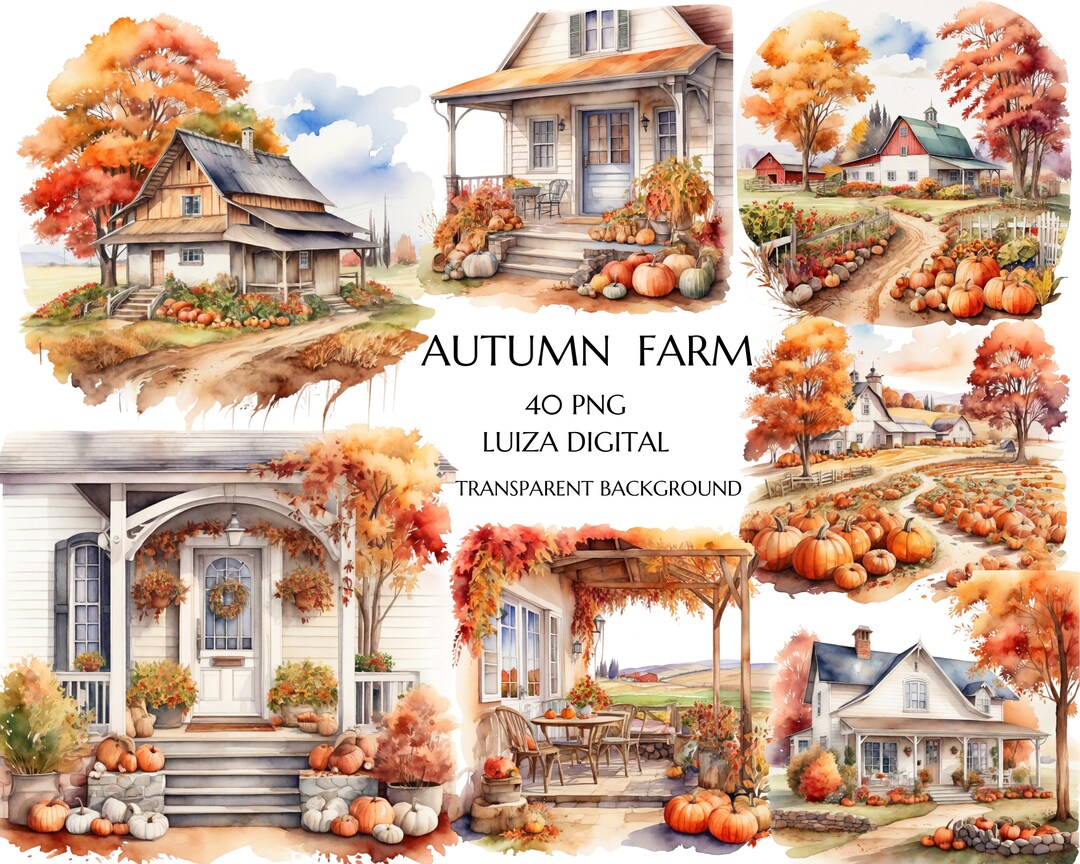 Autumn Farmhouse Clipart & Watercolor Fall Porch With Cozy Corner PNG ...