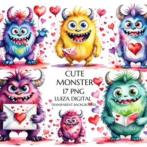 Clipart di mostri di San Valentino in stile acquerello, 15 clipart PNG per San Valentino, clipart di mostri innamorati, San Valentino per bambini, uso commerciale