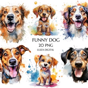 Clipart de perro divertido y loco en acuarela, perro en acuarela PNG, cachorro en acuarela PNG, cara de perro divertida, uso comercial, diario basura, manualidades de papel