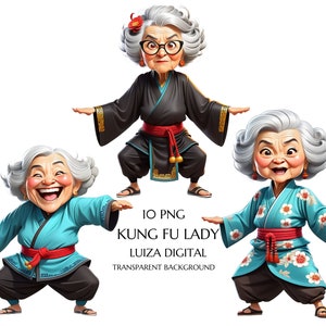 Imágenes prediseñadas de anciana asiática, anciana de kung fu, imágenes prediseñadas de mujer peculiar, abuela divertida de karate, imágenes prediseñadas de abuela feliz, descarga digital