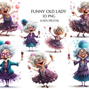 Fröhliche alte Dame Clipart, lustige Cartoon Großmutter, glückliche tanzende Frauen, elegante Oma, betrunkene Oma Png, kommerzielle Nutzung, Geburtstagskarte