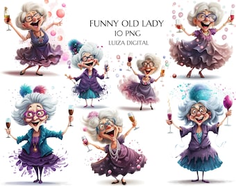 Cheerful Old Lady Clipart, Funny Cartoon Grandmother, Happy Dancing Women, Elegant Grandma, Drunk Granny Png, Commercial Use, Birthday card