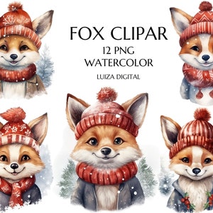 Clipart renard aquarelle, clipart animaux des bois, renard de Noël des cliparts, aquarelle des cliparts numérique, usage commercial, téléchargement numérique