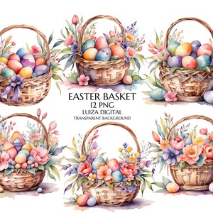 Imágenes prediseñadas de canasta de huevos de Pascua, imágenes prediseñadas florales de Pascua, imágenes prediseñadas de canasta de huevos florales de primavera, imágenes prediseñadas de Pascua en acuarela, imágenes prediseñadas de huevos de Pascua, uso comercial