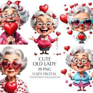 Lustige alte Dame Clipart PNG, Valentinstag Großmutter, glückliche Frau Clipart, Cartoon Valentinstag Oma, schrullige Oma Clipart, ältere Menschen Clip Art