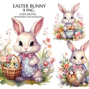 Bunny Clipart, Vintage Easter Rabbit png Nursery Spring Clipart, Spring Clipart, Bunny with Flowers Clipart, Digital download Commercial Use